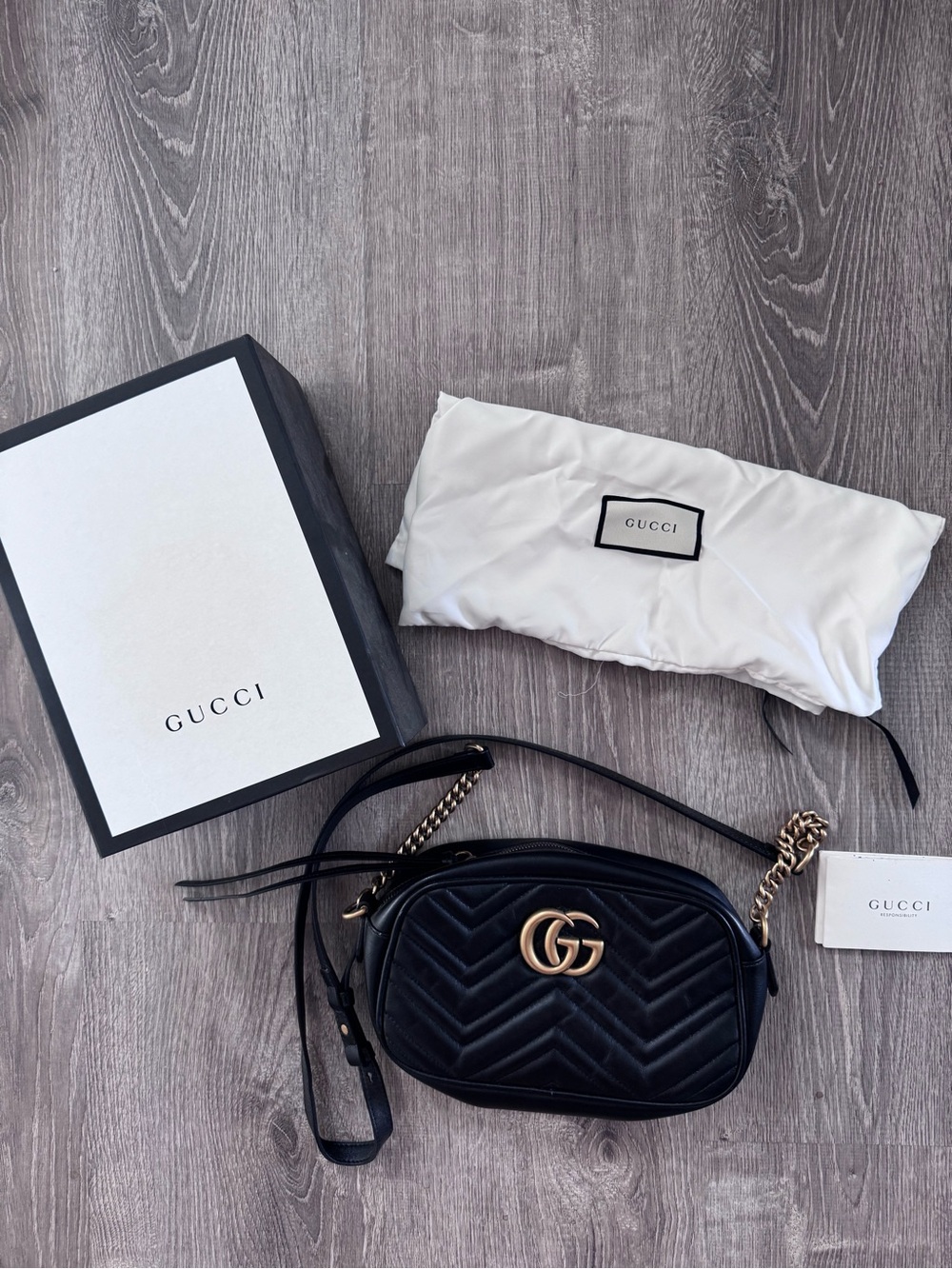 Gucci Black Matelassé Chevron GG Marmont Crossbody Bag with Gold Hardware